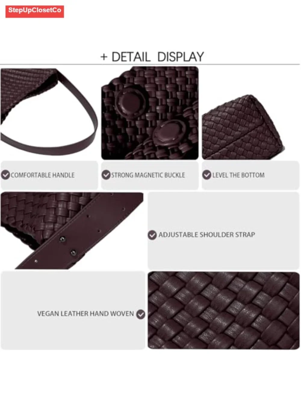 Woven Vegan Leather Tote Bag for Women, Hobo Style, Adjustable Shoulder Strap,